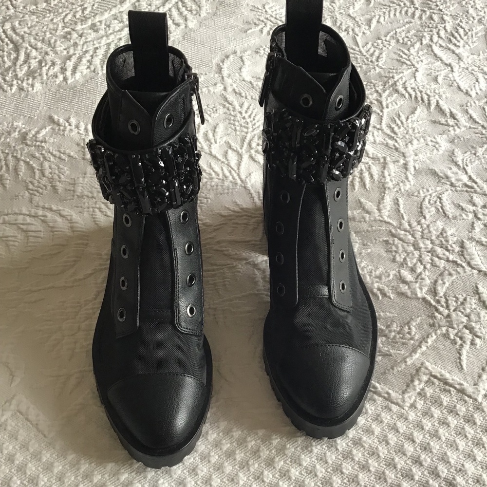 Karllagerfeed Black Synthetic Booties Size 6.5 w/ block rubber heel